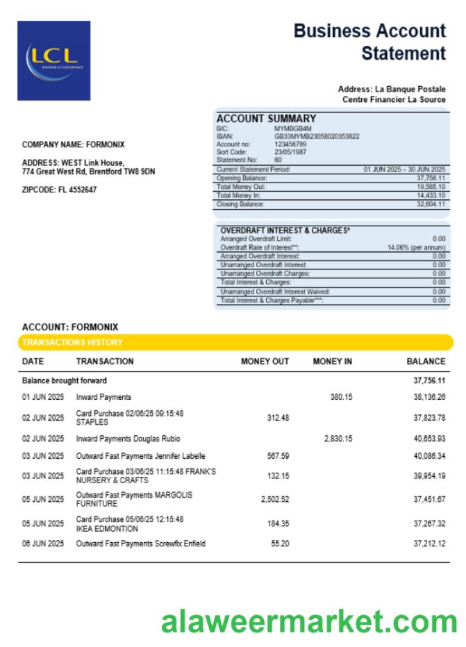 Centre National des Cheques Postaux company statement Word and PDF format